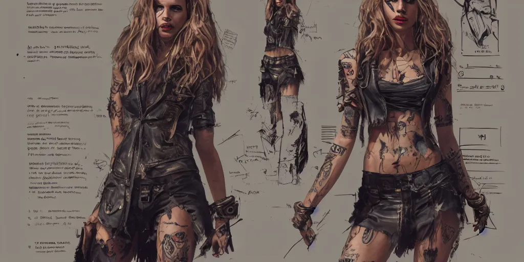 Image similar to portrait of halston sage as a tattooed wanderer, wearing scratched and ripped leather shorts, wearing an aviator jacket, character sheet, fine details, concept design, contrast, kim jung gi, greg rutkowski, trending on artstation, 8 k, full body, turnaround, front view, back view, ultra wide angle