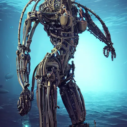 Image similar to biomechanical mecha white mermaid underwater, rays of light. Style of westworld, cables, lights, searchlight, weta digital, octane render, insane details, ultra realistic, beatifully lit, reflections