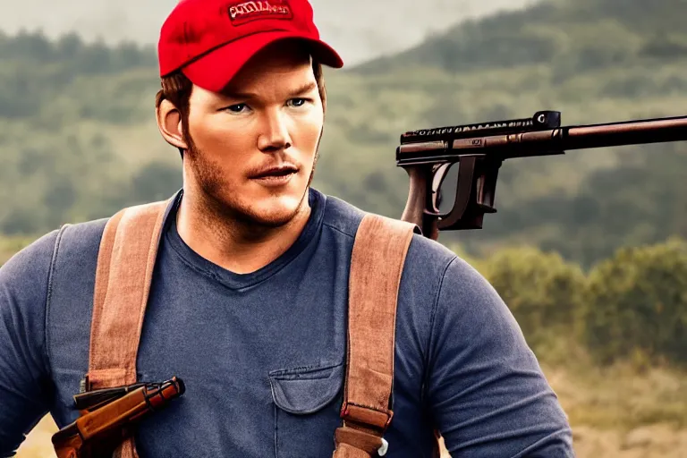 Image similar to a photo of chris pratt wearing a red cap and blue overalls carrying a shotgun, photorealistic, 8 k, castle background