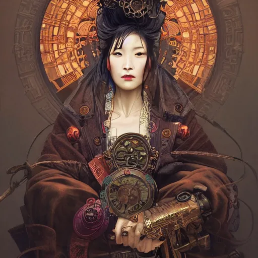 Image similar to steampunk rugged Chinese lady, surreal, dramatic lighting, face, detailed, intricate, elegant, highly detailed, digital painting, concept art, smooth, sharp focus, illustration, art by Sam Spratt, Dan Mumford, Artem Demura and Alphonse Mucha