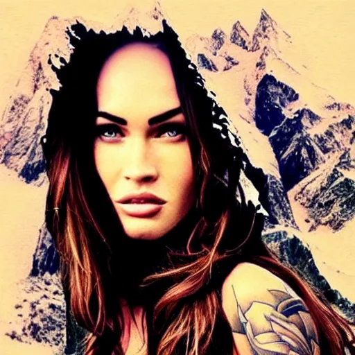 Prompt: realistic tattoo sketch of megan fox face professional double exposure effect with beautiful mountain scenery, in the style of matteo pasqualin, amazing detail, sharp, faded