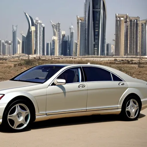 Image similar to gold Mercedes-Benz s500 long in the body 220 (w220) 2002 old year is on the roof of a high-rise building in abu dhabi