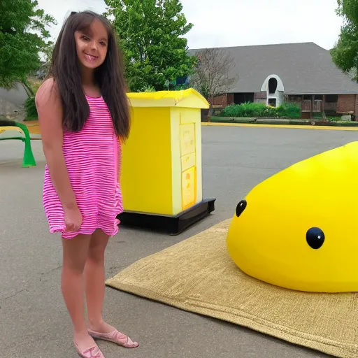 Image similar to a yellow human sized duck standing next to a children's lemonade stand