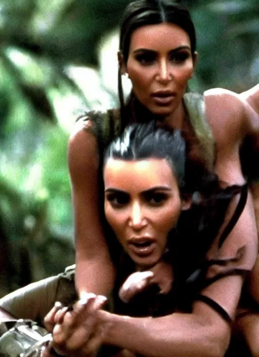 Image similar to film still of kim kardashian being held up in the air by predator in the movie predator.