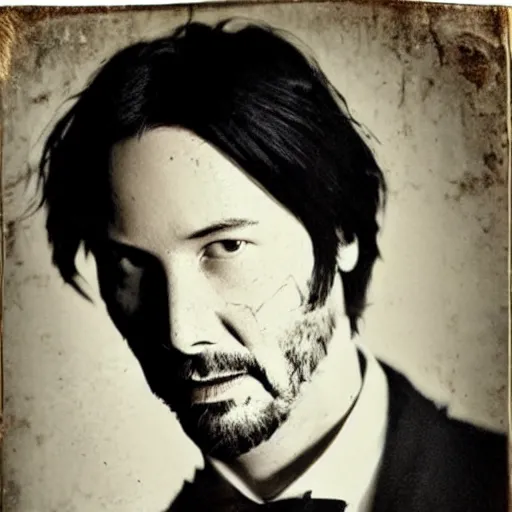 Prompt: daguerreotype of Keanu reeves, old photograph, aged, weathered