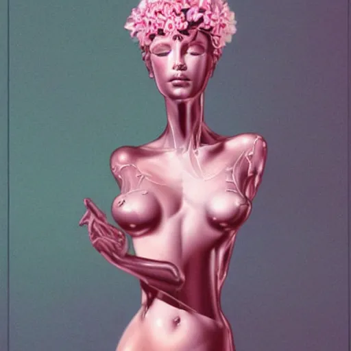 Prompt: baby pink flowers growing inside a glass statue, futuristic, art by peter lloyd, 1 9 8 0's art, airbrush style, art by hajime sorayama,, intricate, elegant, sharp focus, illustration, highly detailed, concept art h 8 0 0