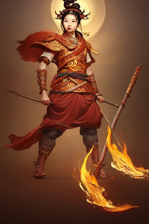 Image similar to charming nezha, highly detailed, man holding spear, flame everywhere, epic pose, masterpiece chinese fantasy character portrait, highly detailed, digital painting, trending on artstation, concept art, sharp focus, illustration, global illumination, ray tracing, realistic shaded, art by artgerm and greg rutkowski and fuji choko and viktoria gavrilenko and hoang lap