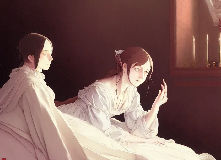 Image similar to victorian britain 1 8 3 6, 1 6 year old florence nightingale, hears the voice of god, in a luxurious english victorian bedroom, finely detailed perfect art, gapmoe yandere grimdark, trending on pixiv fanbox, painted by greg rutkowski makoto shinkai takashi takeuchi studio ghibli