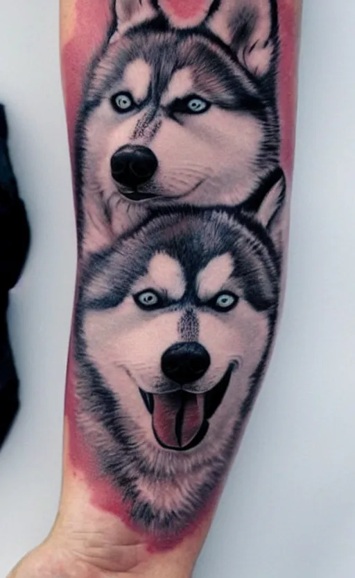 Image similar to a tattoo of a husky dog, detailed, tattoo,