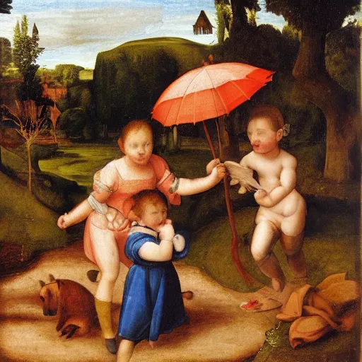 Prompt: children playing in the rain, painting, style of high renaissance period