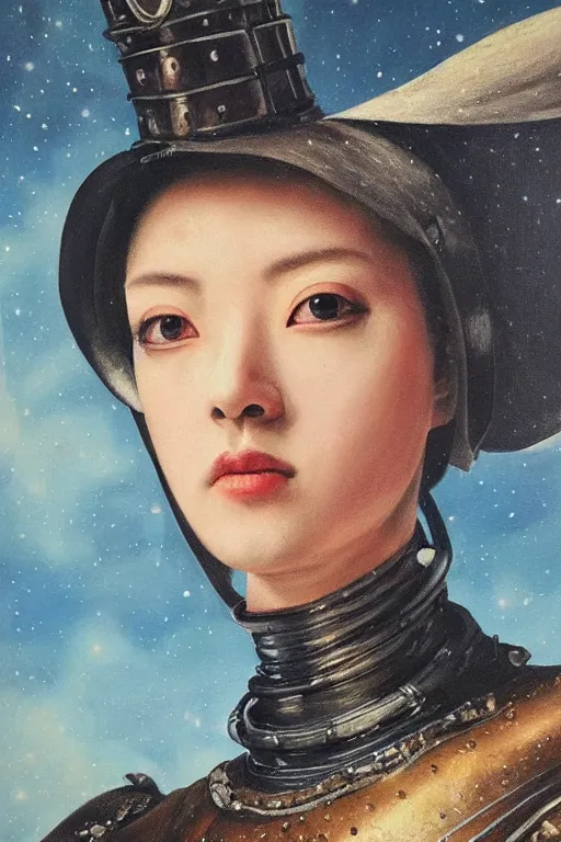 Prompt: hyperrealism oil painting, close - up portrait of medieval fashion model, knight, steel gradient mixed with nebula sky, in style of baroque mixed with 7 0 s japan book art