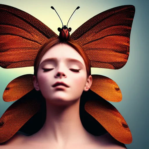 Prompt: beautiful humanized butterfly - girl, in full growth, studio shot in style, professional photographer, many details, super realistic, high quality, 8 k