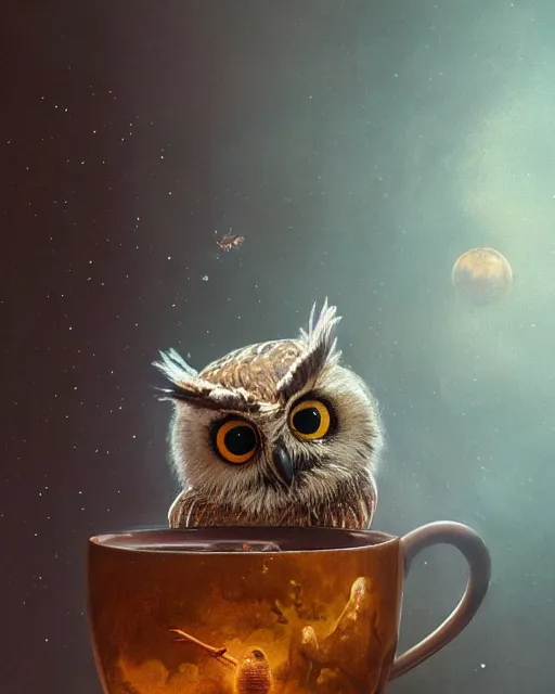 Prompt: long shot of a very cute owl chick nesting in a futuristic mug, esao andrews, humorous illustration, hyperrealistic, big depth of field, warm colors, night scenery, low light, 3 d octane render, 4 k, concept art, hyperdetailed, hyperrealistic, trending on artstation