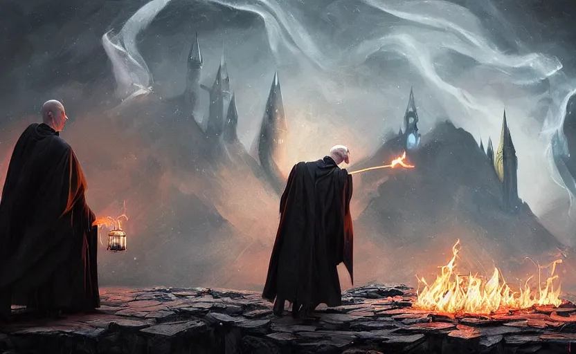 Image similar to a beautiful painting of voldemort casting spells at dumbledore, by greg rutkowski featured on artstation, dark spell, magic vfx, particles, depth of field, bokeh, black smoke, sparks, fire, water spell, snow, scorched earth