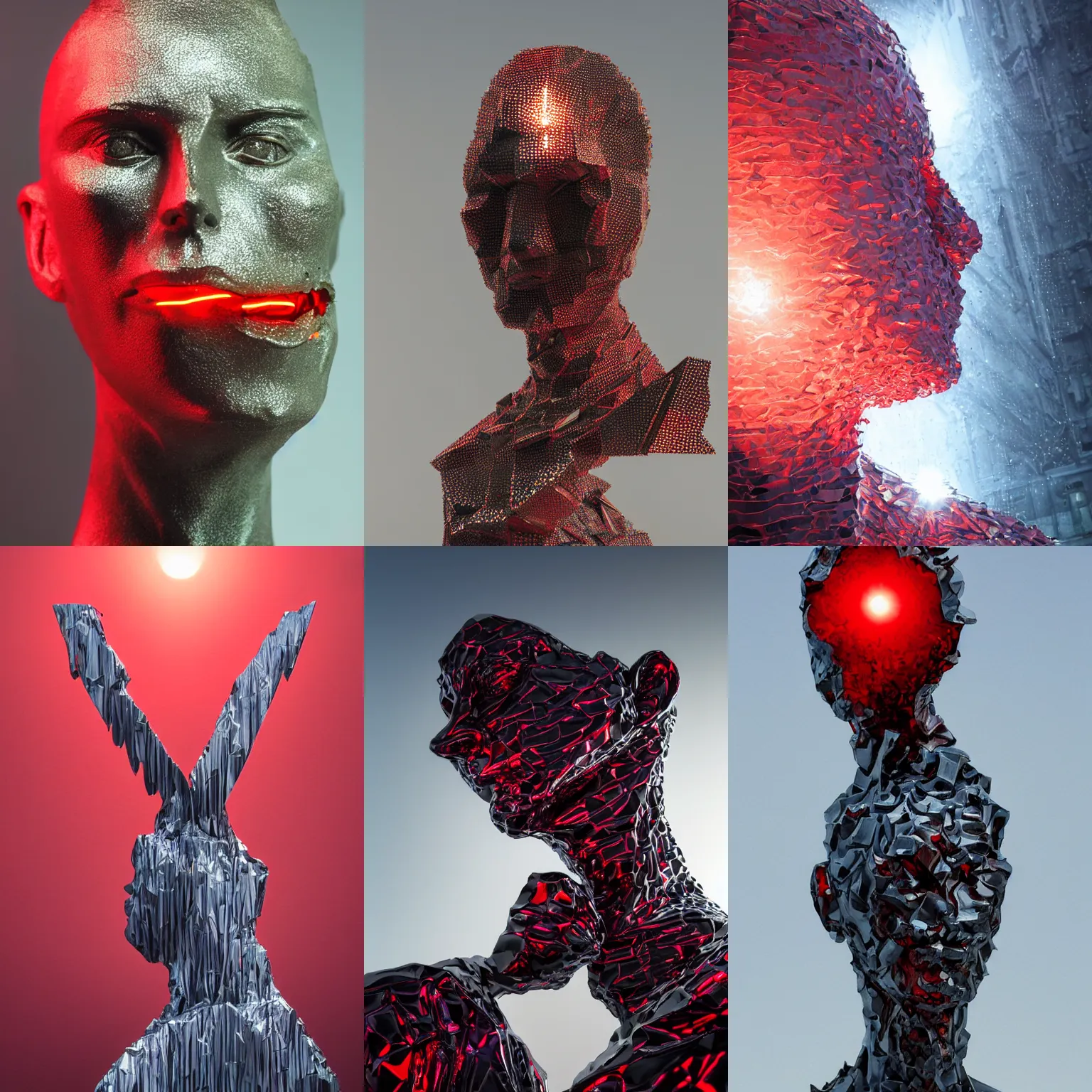 Prompt: realistic 8k Vera Mukhina Sculpture of random jagged reflective metal pieces forming the shape of a person silhouetted by a bright red sun, volumetric god rays, glinting metal, neon colors, cyberpunk, smooth, sharp focus, 24mm lens, DOF, hyper realistic, art by Greg Rutkowski and Ruan Jia and Giger