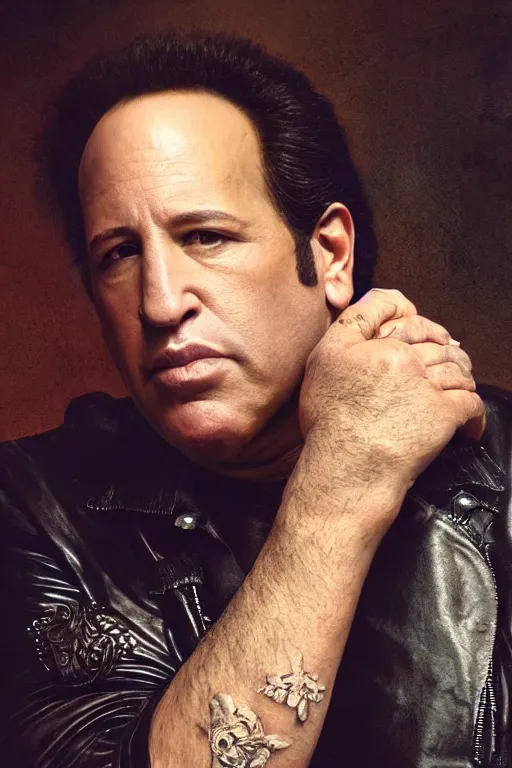 Prompt: portrait photograph of andrew dice clay, leather jacket, upper body, fantasy, handsome, depth of field, soft focus, highly detailed, intricate, realistic, national geographic cover, soft glow, textured, artstation, concept art, sharp focus, illustration, art by artgerm and greg rutkowski and alphonse mucha