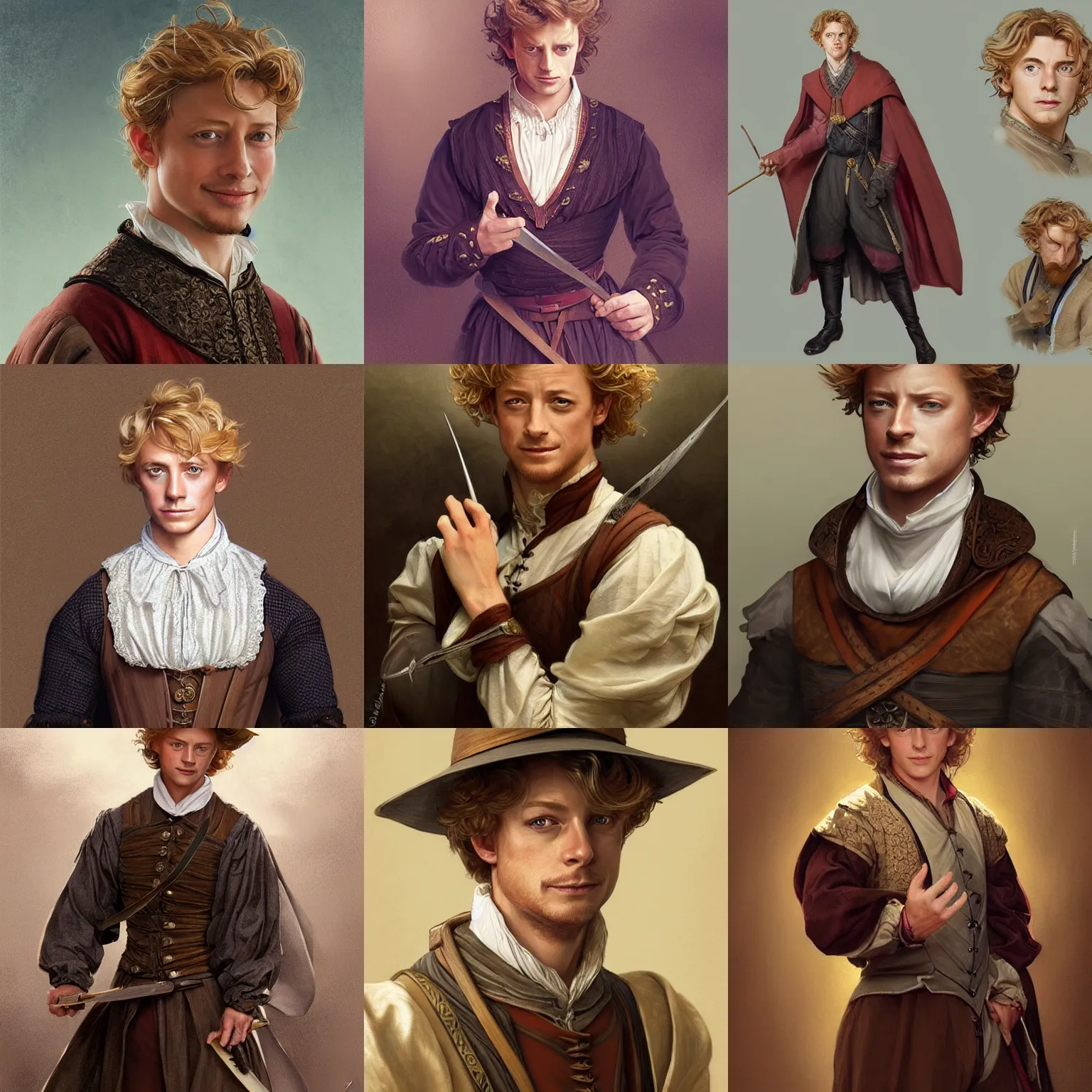 Prompt: a handsome young man wearing 16th century clothes, cunning expression, blonde, young simon baker, D&D, fantasy, portrait, highly detailed, digital painting, artstation, concept art, sharp focus, illustration, art by artgerm and greg rutkowski and alphonse mucha