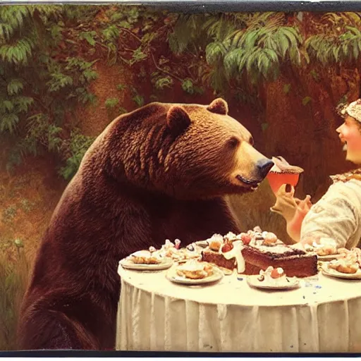 Image similar to polaroid photo of a bear eating cake at his 7 0's birthday at a zoo, highly detailed painting by gaston bussiere, craig mullins, j. c. leyendecker