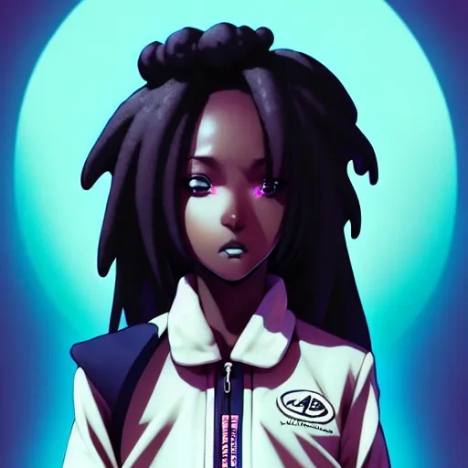 Image similar to portrait of a black anime manga girl, french bob hair, white hair, bomber jacket, by artgerm, james jean, tom bagshaw, gerald brom, vaporwave colors, lofi colors, vaporwave, lofi, goth vibe, 4 k, smooth, hd, substance designer render, full body character concept art, symmetrical, 2 point lighting,