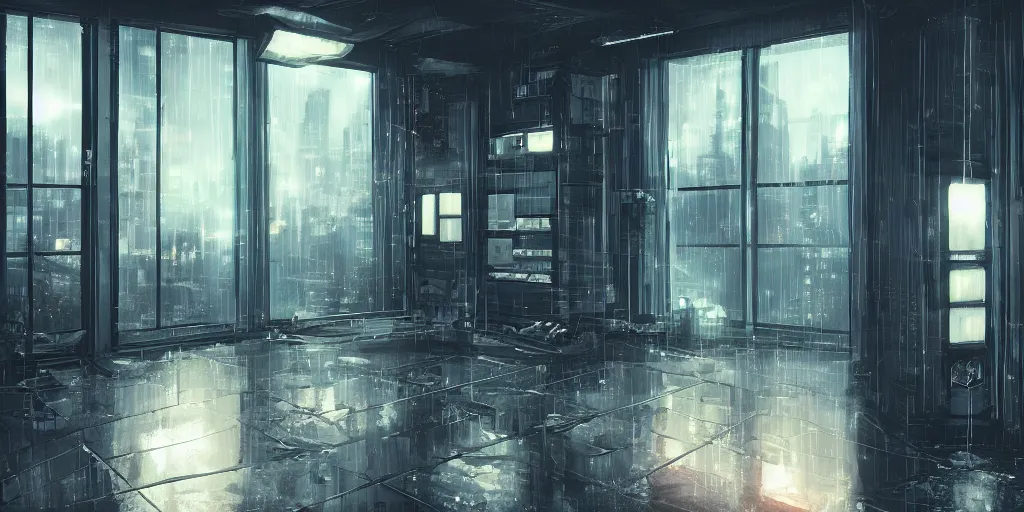 Image similar to interior design quiet loft, big windows, cyberpunk city, rainy day, night, science - fiction, samdoesarts, artstation