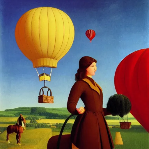 Image similar to a girl and her horse enjoy a hot-air balloon show by Raphael, Hopper, and Rene Magritte. detailed, romantic, enchanting, trending on artstation.