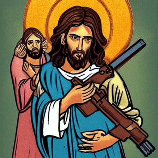 Image similar to jesus with guns killing demons