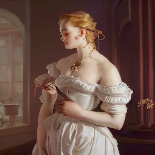 Prompt: leyendecker and peter paul rubens, head and shoulders portrait of a elle fanning, nighttime, at sea, ray tracing, unreal engine, fantasy art by global illumination, radiant light, detailed and intricate environment