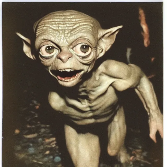 Prompt: a found polaroid photograph of gollum at night