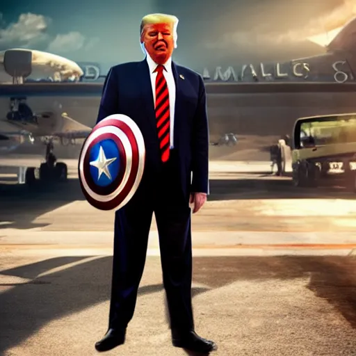 Image similar to Donald trump with captain America’s body, realistic artstyle, wide shot, dramatic lighting, octane render, hyperrealistic, high quality, highly detailed, HD, beautiful, cinematic, 8k, unreal engine, facial accuracy, symmetrical