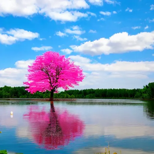 Image similar to Pink tree beside a large lake, landscape in the style of the lego movie