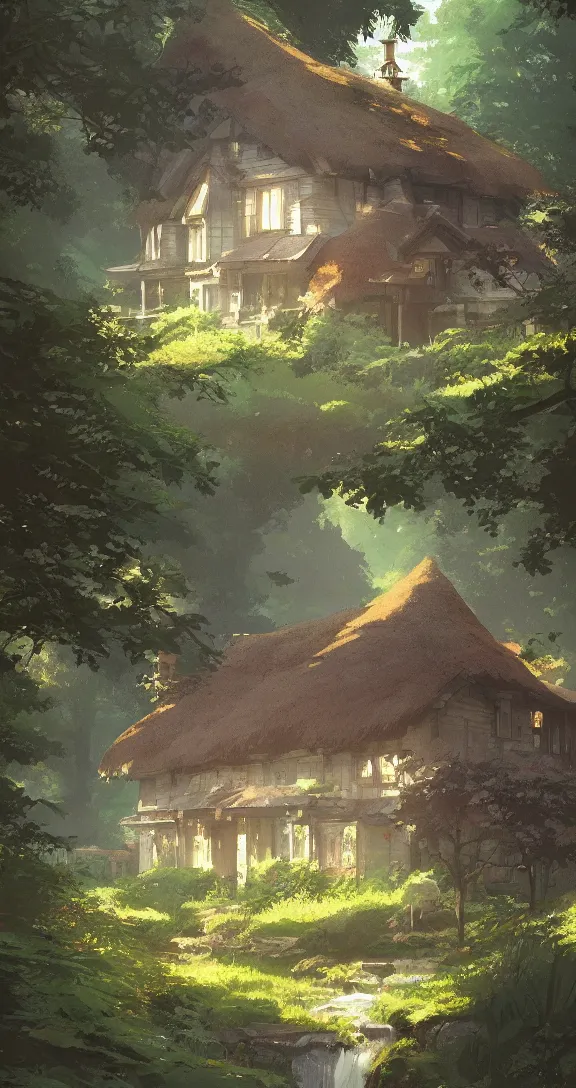 Image similar to Stunning cottage, solar, lush, forest, beautiful, by Studio Ghibli and Greg Rutkowski, artstation