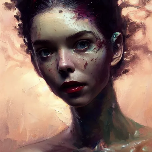 Image similar to expressive oil painting, alien dark fae girlboss based on jennifer connelly mixed with anya taylor - joy, bumpy mottled skin, big black feathered wings instead of arms, body horror, by yoshitaka amano, by greg rutkowski, by jeremy lipkinng, by artgerm, digital art, octane render