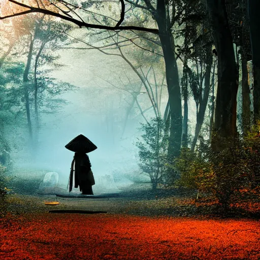 Image similar to a samurai walks alone through the light woods, bright, scenic, lively, cinematic lighting, intricate detail