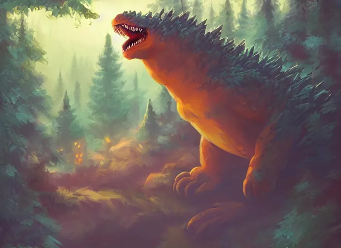 Prompt: a cartoonish cute anthropomorphic Godzilla is in a mystical forest full of wonders, pine trees, magical atmosphere, trending on artstation, 30mm, by Noah Bradley trending on ArtStation, deviantart, high detail, stylized portrait H 704