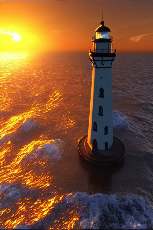 Prompt: highly detailed lighthouse with heavy waves at sunset, global illumination, god rays, detailed and intricate environment, 8 k