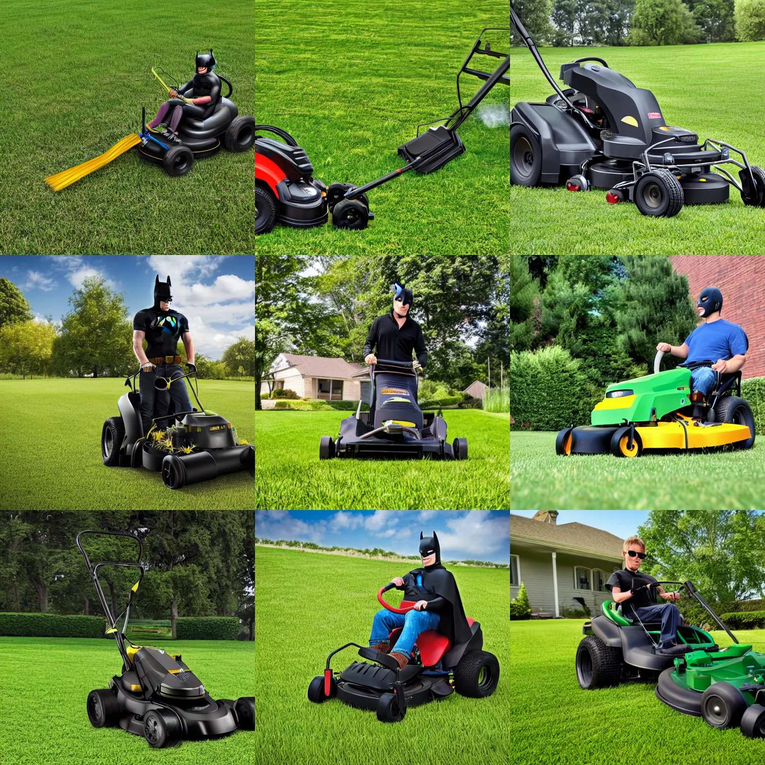 Prompt: batman driving lawnmower, property with tall grass being mowed, photograph 4 k