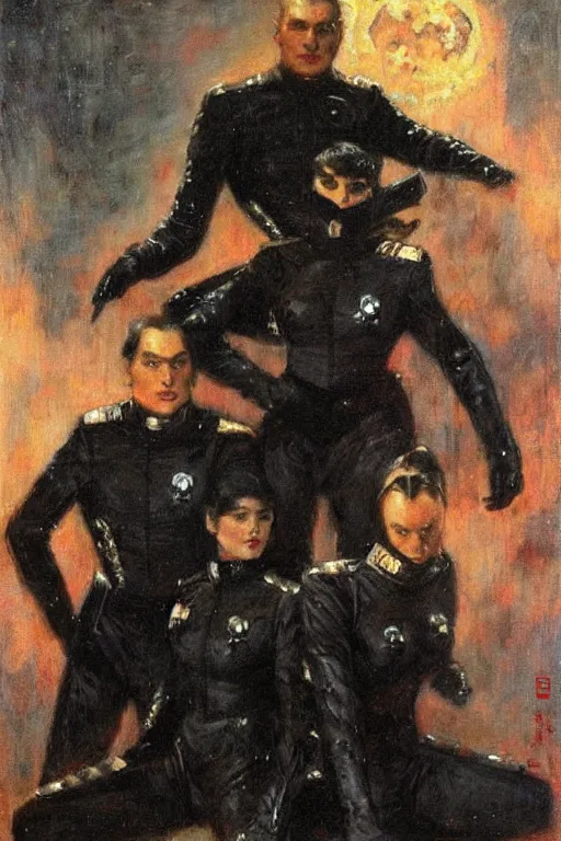 Prompt: evil star fleet officers dressed in all black. art by gaston bussiere.