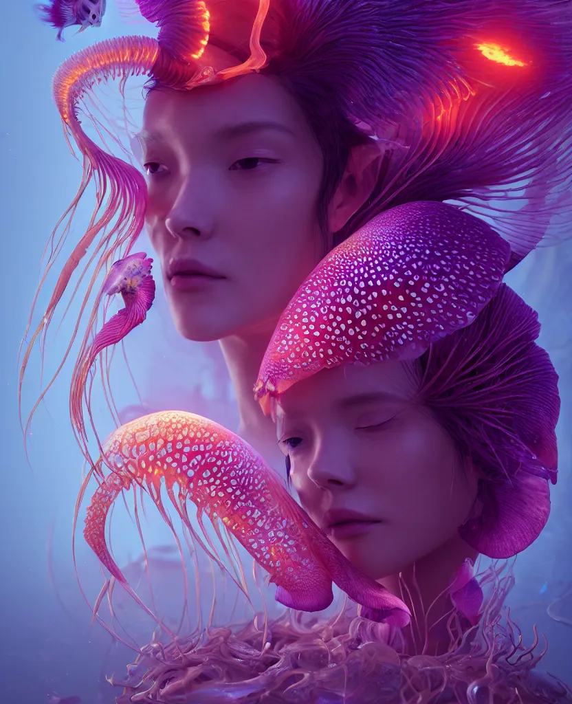 Image similar to goddess close-up portrait. orchid jellyfish phoenix head, nautilus, skull, betta fish, bioluminiscent creatures, intricate artwork by Tooth Wu and wlop and beeple. octane render, trending on artstation, greg rutkowski very coherent symmetrical artwork. cinematic, hyper realism, high detail, octane render, 8k