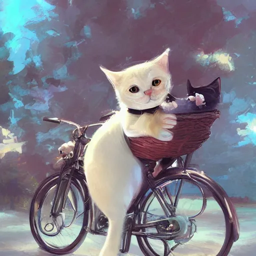 Image similar to head and shoulders masterpiece portrait of cute cat riding a bicycle, surreal background, digital art by Krenz Cushart, trending on artstation, cgsociety,