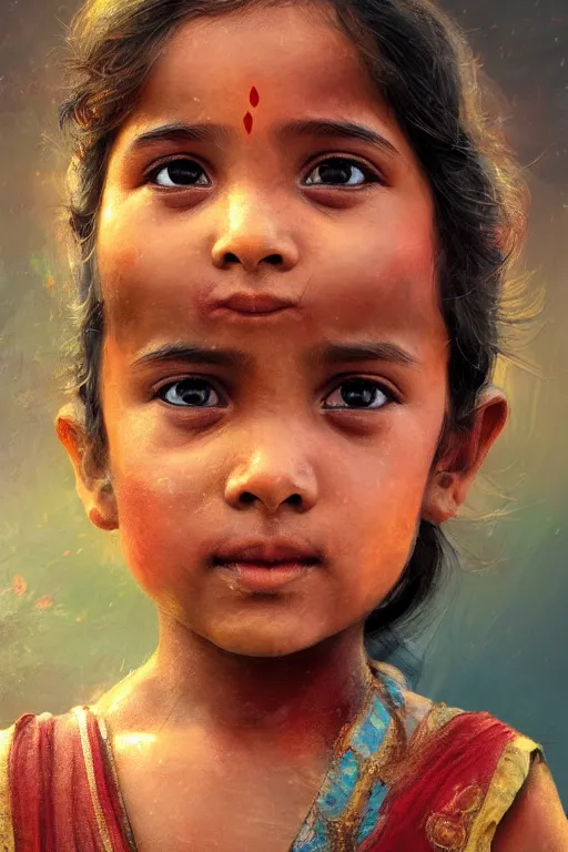 Image similar to hindu little girl, joyful, close - up portrait, intricate, elegant, volumetric lighting, scenery, digital painting, highly detailed, artstation, sharp focus, illustration, concept art, ruan jia, steve mccurry