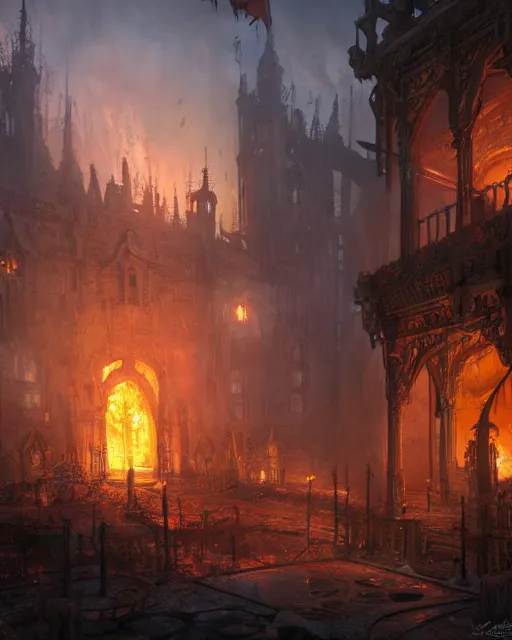 Image similar to robust fantasy castle courtyard burned to the ground, fiery ambient, uplifting mood, ultra realistic, sad, small buildings, highly detailed, epic lighting, illuminated, cinematic, morning, art by eddie mendoza