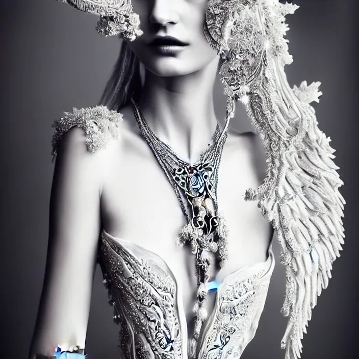 Prompt: photo portrait of a beautiful woman like a dark fallen angel, dressed in long elegant intricate ornamental white dress,intricate fractal ornament in the bust with a very long neck , , elegant, highly detailed intricate baroque ornament in her blond long hair, Realistic, Refined, Highly Detailed, Cinematic Lighting,, photo-realistic, 8K , fine art photography by Flora Borsi, volumetric lighting, pastel colors scheme , hyper realistic photography in style of Vogue Fashion magazine