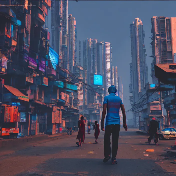 Image similar to streets of mumbai in 2 0 7 0, cyberpunk, futuristic, high fidelity, uncompressed png