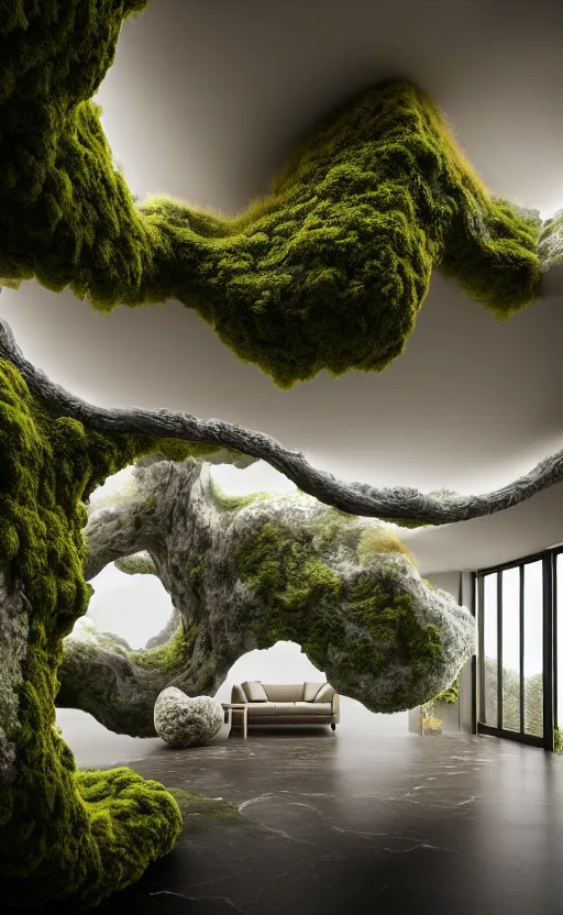 Prompt: highly detailed villa natural beautiful light interior soft cinematic composition of a smooth ceramic porcelain biomorphic magnolia stone nebula fluid sci - fi surreal architecture landscape, furniture, granite, trees, marble, moss, lichen, fungi, vincent callebaut composition, mamou - mani, archviz, 8 k, unreal engine, hdr