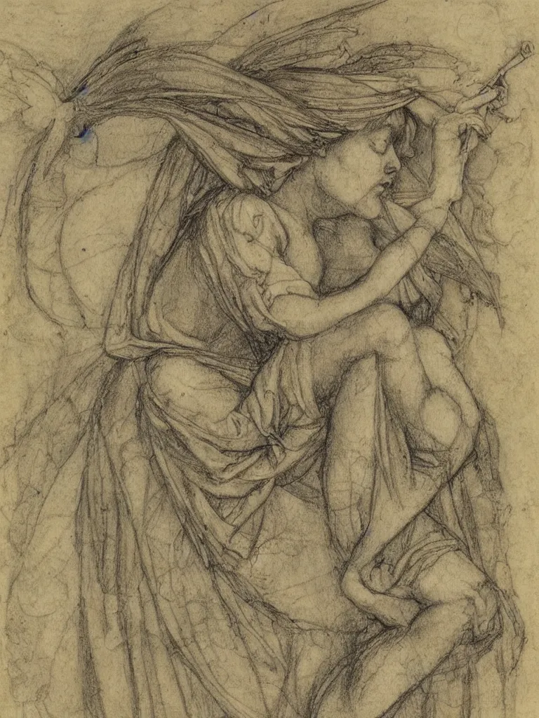 Image similar to sketch, study of a fairy, in the style of leonardo da vinci, with written notes, annotations, sketchbook