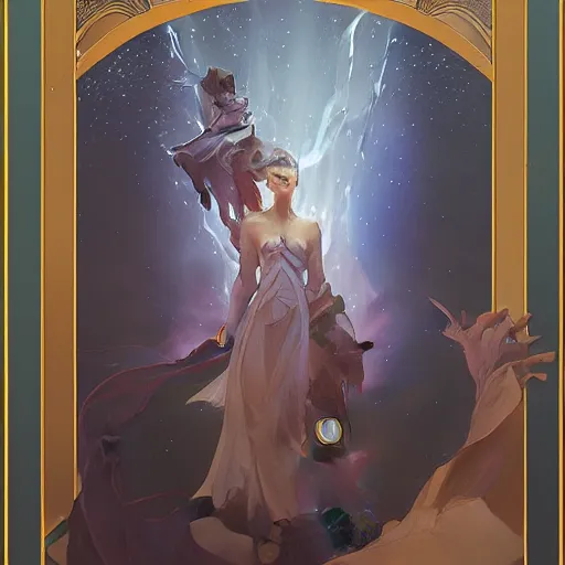 Image similar to the star tarot card, elegant, dramatic lighting, graphic art, volumetric lighting, sharp focus, detailled, by Krenz Cushart and Artem Demura and Alphonse Mucha