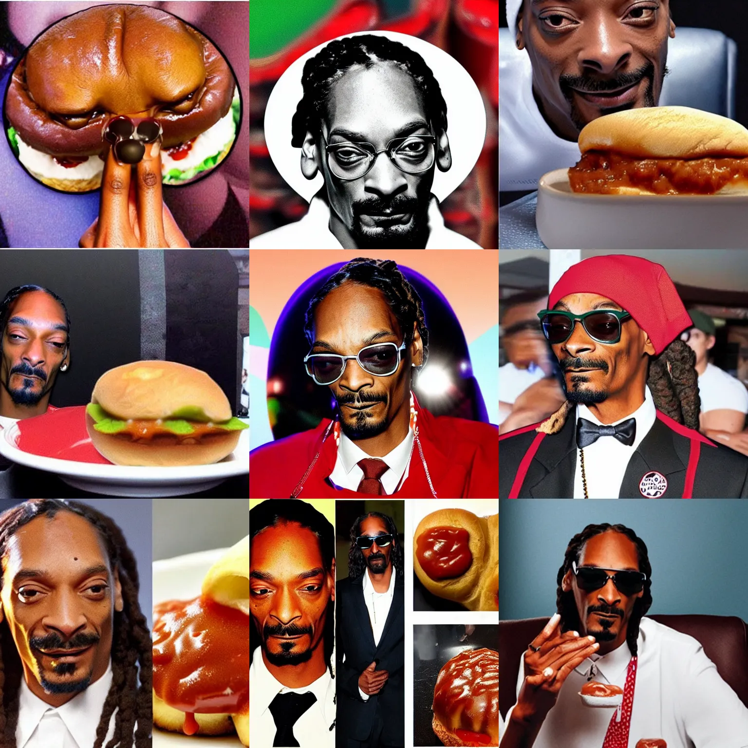 Prompt: snoop dogg's face between two buns, ketchup,