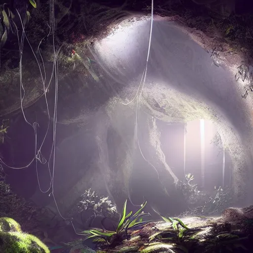 Prompt: mystical cave with lush vegetation and spiderwebs hanging from ceiling, light shining through, sharp focus, highly detailed, cgsociety, desaturated, hazy