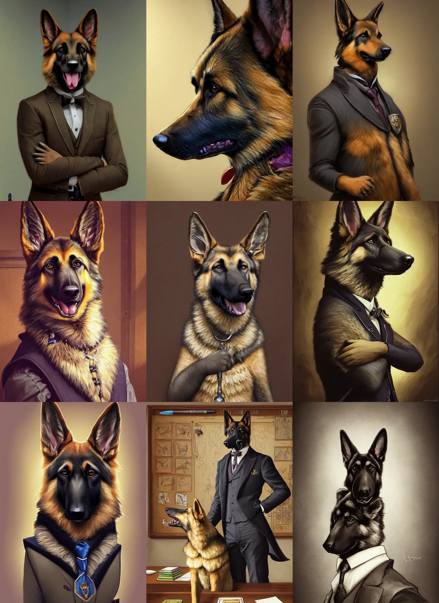 Prompt: photograph of a male anthropomorphic german shepherd fursona wearing a nice suit in a school classroom, deep focus, intricate, elegant, highly detailed, digital painting, artstation, concept art, matte, sharp focus, illustration, d & d, fantasy, hearthstone, art by artgerm and greg rutkowski and alphonse mucha