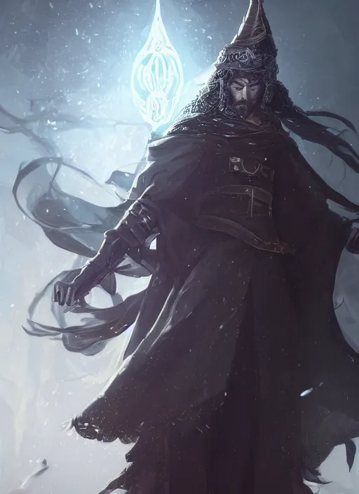 Image similar to a highly detailed illustration of Hiroyuki Sanada as wizard wearing black robe and mage hat, heroic magic floating pose, intricate, elegant, highly detailed, centered, digital painting, artstation, concept art, smooth, sharp focus, league of legends concept art, WLOP